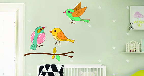 sticker oiseaux sur branches colores